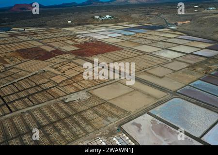 Drone photography, Salinas de Janubio are the largest salt flats in the Canary Islands. The Salinas are a unique natural spectacle on Lanzarote. Spain Stock Photo