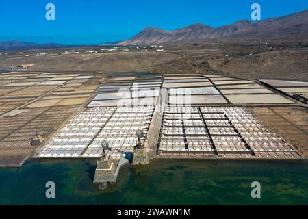 Drone photography, Salinas de Janubio are the largest salt flats in the Canary Islands. The Salinas are a unique natural spectacle on Lanzarote. Spain Stock Photo