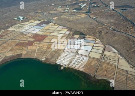 Drone photography, Salinas de Janubio are the largest salt flats in the Canary Islands. The Salinas are a unique natural spectacle on Lanzarote. Spain Stock Photo