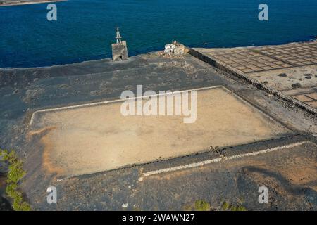 Drone photography, Salinas de Janubio are the largest salt flats in the Canary Islands. The Salinas are a unique natural spectacle on Lanzarote. Spain Stock Photo