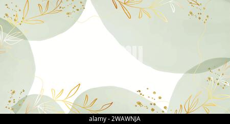Abstract art background. Luxury minimal style wallpaper with golden line art and botanical leaves, Organic shapes. Watercolor background for banner, p Stock Vector