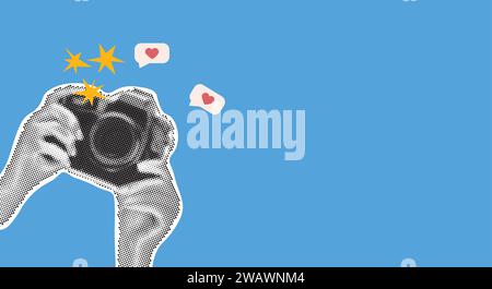 Hands holding vintage photo camera on blue background. Social Media. Trendy halftone style. Collage design in trendy retro 90s magazine style. Vector Stock Vector