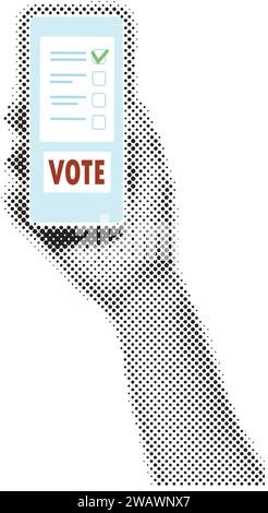 Halftone collage hand holding smartphone  with vote button on display. Online voting and election concept. Vector illustration Stock Vector