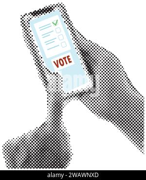 Halftone collage hands holding smartphone with vote button on display. Online voting and election concept. Vector illustration Stock Vector