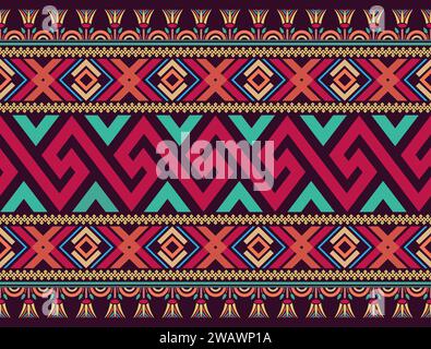 Colorful seamless pattern design in vintage style with Greek key, geometric, and Egyptian lotus motifs on a dark purple background. Stock Vector