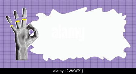 Trendy halftone collage banner. Elements cut out from a magazine, hand gesture Ok. Retro modern design.Vector  illustration Stock Vector