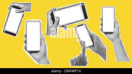 Set of halftone hands with smartphone.Illustration with hand holding phone with blank display. Collection of collage elements. Vector illustration Stock Vector