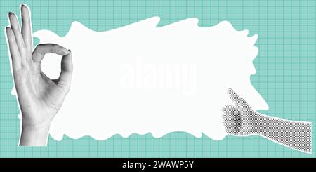 Trendy halftone collage banner. Elements cut out from a magazine, hand gesture Ok. Retro modern design.Vector  illustration Stock Vector