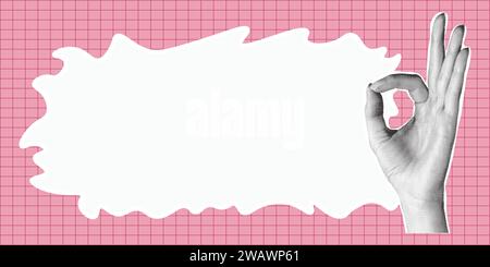 Trendy halftone collage banner. Elements cut out from a magazine, hand gesture Ok. Retro modern design.Vector  illustration Stock Vector