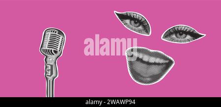 Trendy halftone collage banner. Elements cut out from a magazine, mouth, eyes, microphone. Retro modern design. Vector illustration Stock Vector