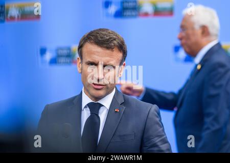 VILNIUS, LITHUANIA. 11th July 2023. Emmanuel Macron, President of France, during doorstep at NATO SUMMIT 2023. Vilnius, Lithuania. Stock Photo