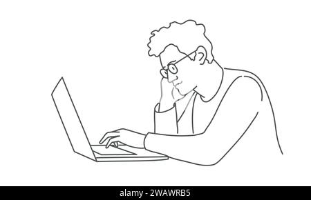 Young guy with glasses works at laptop. Hand drawn vector illustration. Black and white. Stock Vector