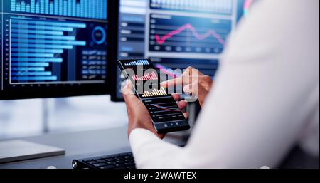 African Advisor Using KPI Dashboard With Financial Analytics Graphs Stock Photo