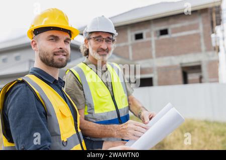 Young man worker construction engineer male working cooperate with senior project supervisor in construction site happy smile. Stock Photo