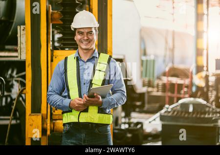 portrait happy adult senior engineer man officer in safety uniform standing happy smiling in heavy industry factory workplace hand holding tablet devi Stock Photo