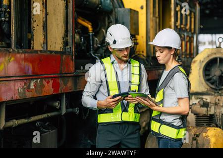 Engineer officer team man and women working together with tablet checking inspect in heavy industry building factory. Stock Photo