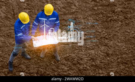 Construction engineer and architect land development team working on site survey and planning construction build large eco power plant green factory i Stock Photo