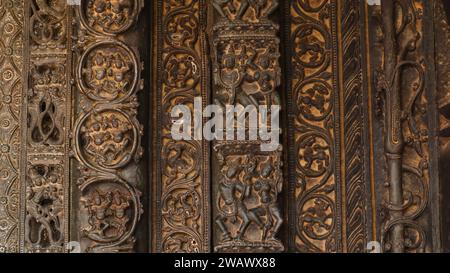 Beautiful Carving Details on the Entrance of Garbhagriha, Sri Mukteshwar Temple, 12th Century Chalukya Style, Dedicated to Lord Shiva, Choudayyadanapu Stock Photo