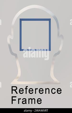 3D illustration of a blue frame in a head silhouette, titled as Reference Frame. Stock Photo