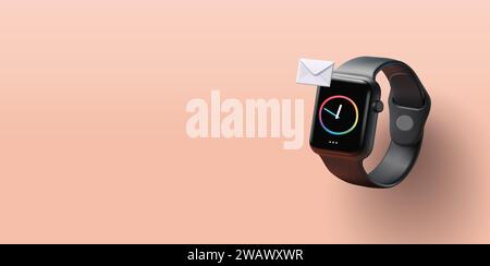 Smart watch 3d render illustration with analog clock face and message notification envelope hanging above, digital composition Stock Vector