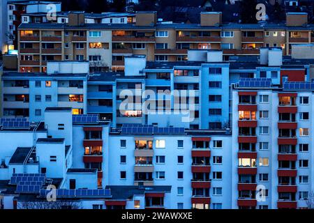 View of tower blocks and apartment blocks in the Neukoelln district of Berlin. The rise in rents in German cities has increased again in the past Stock Photo