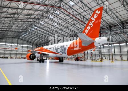 An easyJet Airbus A320 neo stands in the newly opened easyJet maintenance hangar. The entire European easyJet fleet is now maintained at the Stock Photo