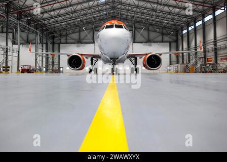 An easyJet Airbus A320 neo stands in the newly opened easyJet maintenance hangar. The entire European easyJet fleet is now maintained at the Stock Photo