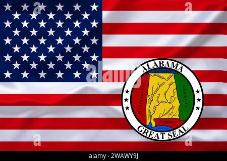 The flag of the USA and the coat of arms of Alabama, Studio Stock Photo