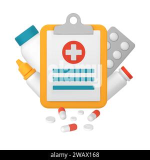 Medical card, clipboard. Medicines, capsules, tablets. Medical treatment. 3D vector illustration isolated on a white background. Stock Vector