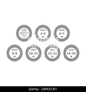 Us slippers and shoe size label set. Circle vector shoes labels. Stock Vector