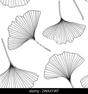 Floral ginkgo seamless pattern. Ginkgo biloba tree leaf black outlines, vector repeat pattern textile design, wallpaper. Stock Vector