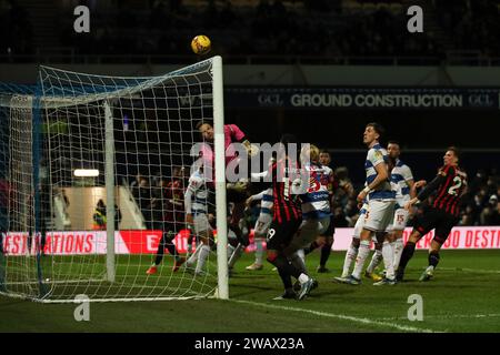 London, UK. 06th Jan, 2024. A cross beats QPR Goalkeeper Asmir Begović but hits the crossbar during the FA Cup match between Queens Park Rangers and Bournemouth at The Loftus Road Stadium, London, England on 6 January 2024. Photo by Ken Sparks. Editorial use only, license required for commercial use. No use in betting, games or a single club/league/player publications. Credit: UK Sports Pics Ltd/Alamy Live News Stock Photo