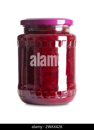 Sliced pickled beetroot in a glass jar. Cooked, cut deep red beets, pasteurized and preserved in a brine of water, vinegar and salt. Used as salad. Stock Photo
