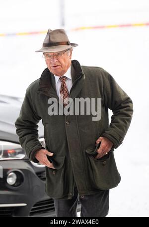 King Carl Gustaf arrives to the Society and Defense National Conference (Folk och Forsvar) which begins in Salen, Sweden on Sunday 7 January 2024.Phot Stock Photo