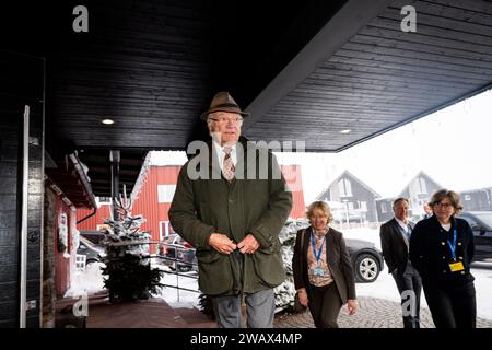 King Carl Gustaf arrives to the Society and Defense National Conference (Folk och Forsvar) which begins in Salen, Sweden on Sunday 7 January 2024.Phot Stock Photo