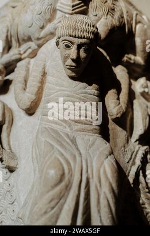 Milan, Italy. 4 January 2024. Medieval marble frieze inside the Basilica of Sant'Ambrogio Stock Photo