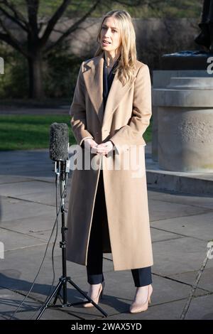 London, UK. 07 Jan 2024. Laura Trott - Chief Secretary to the Treasury is interviewed at Victoria Tower Gardens. Credit: Justin Ng/Alamy Live News Stock Photo