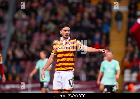 The University of Bradford Stadium, Bradford, England - 6th January 2024 Alex Gilliead (11) of Bradford City - during the game Bradford City v Crawley Town, Sky Bet League Two,  2023/24, The University of Bradford Stadium, Bradford, England - 6th January 2024 Credit: Mathew Marsden/WhiteRosePhotos/Alamy Live News Stock Photo