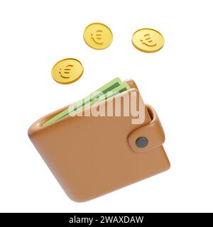 Cartoon wallet with bills and euro coins isolated on white background. 3d illustration. Stock Photo