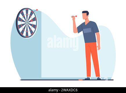 Man playing darts. Aim at target. Male character ready to throw arrow. Hobby and leisure time. Dartboard on wall. Achievement goals metaphor. Play Stock Vector