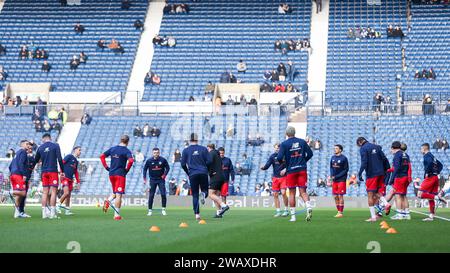 West Bromwich, UK. 07th Jan, 2024. Aldershot players warming up ahead of the Emirates FA Cup match between West Bromwich Albion and Aldershot Town at The Hawthorns, West Bromwich, England on 7 January 2024. Photo by Stuart Leggett. Editorial use only, license required for commercial use. No use in betting, games or a single club/league/player publications. Credit: UK Sports Pics Ltd/Alamy Live News Stock Photo