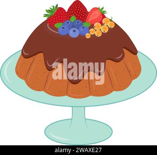 Pudding with Chocolate cream and fruits in plate. Cartoon sweet food element. Vector illustration isolated on white background.  Stock Vector