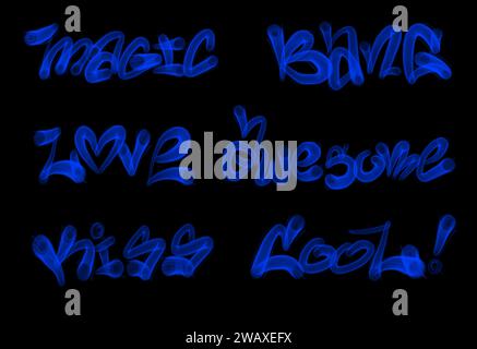 Collection of graffiti street art tags with words and symbols in blue color on black background Stock Photo