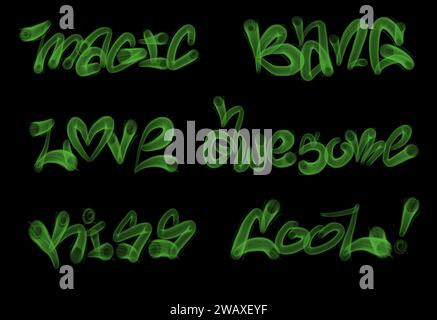 Collection of graffiti street art tags with words and symbols in green color on black background Stock Photo