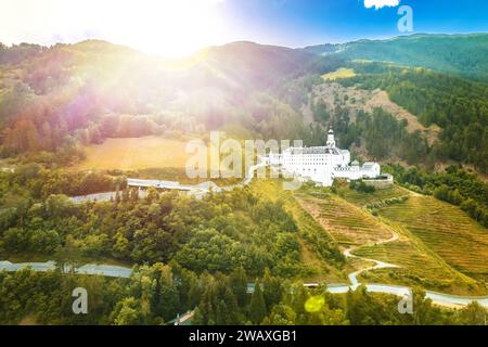 Abbey of Monte Maria in Alpine village of Burgeis sunset view, Trentino Alto Adige region of Italy Stock Photo