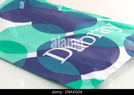 Dublin, Ireland - January 3rd 2024: A close up photo of a Dubray books store logo on a book plastic bag. Stock Photo