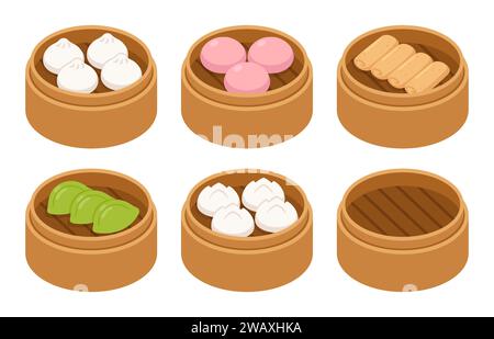 Dim sum, traditional Chinese dumplings, in bamboo steamer baskets. Spring rolls, potstickers, bao buns. Asian food vector illustration, cartoon drawin Stock Vector