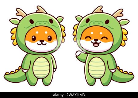 Kawaii Shiba Inu dog character in green dragon costume. Chinese New Year animal. Cute cartoon vector clip art illustration. Stock Vector