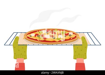 Cartoon person cooking food in home kitchen, chef in mittens baking concept. Hands in gloves open oven door and take away homemade pizza vector illustration Stock Vector