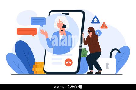 Elderly woman on mobile phone screen talking to scammer, scam and phishing vector illustration. Cartoon unknown robber in mask calls grandmother to steal money, personal financial information Stock Vector